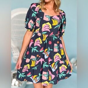 JODIFL Navy Floral Babydoll Dress with Pink Yellow Green Accents
